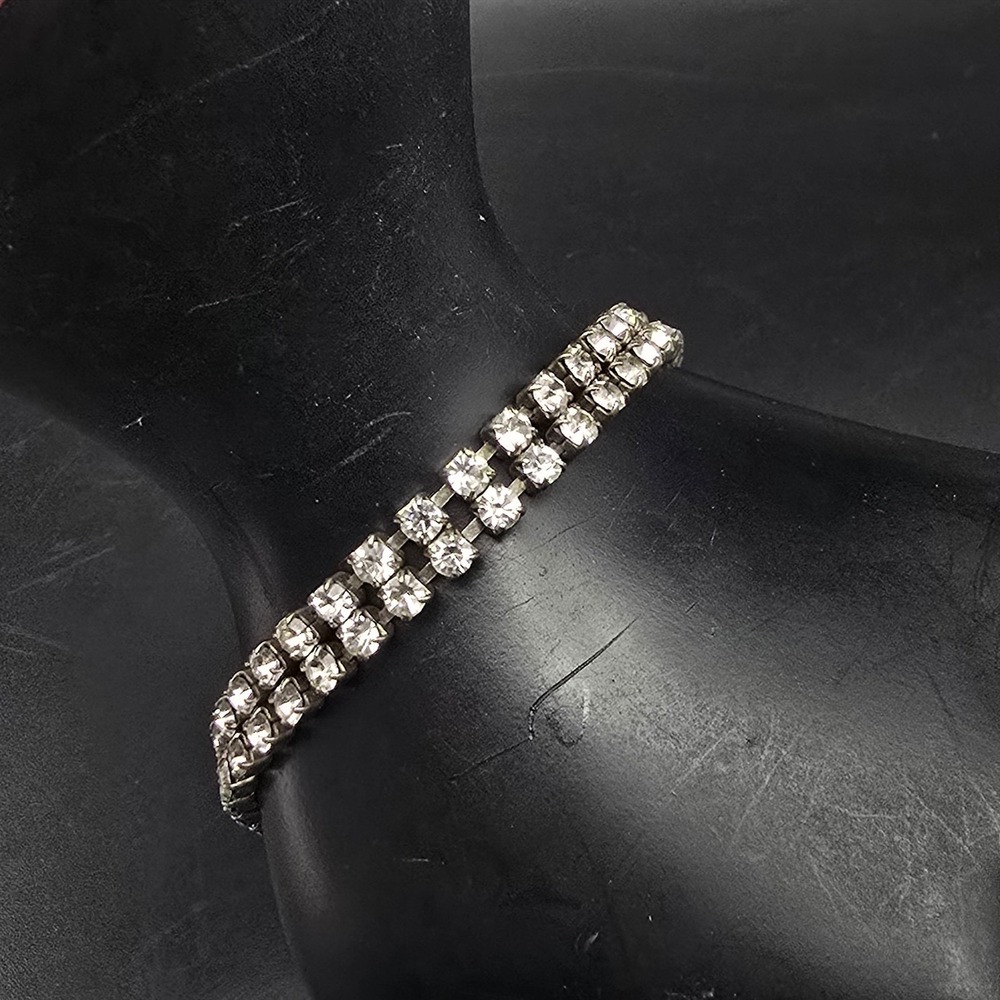 Double Row Clear Rhinestone Bracelet Vintage Costume Jewelry